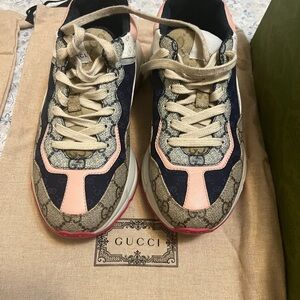 Gucci Beige Monogram & Navy Sneakers with Pink Accents